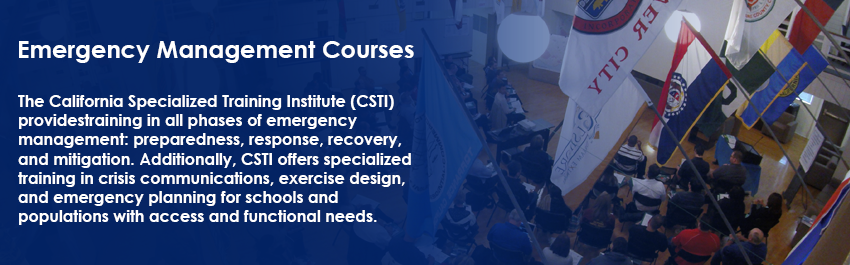 Emergency Management Courses - CSTI earthwuake course overhead in AMES hall. Showing students in EOC with flags visible.
